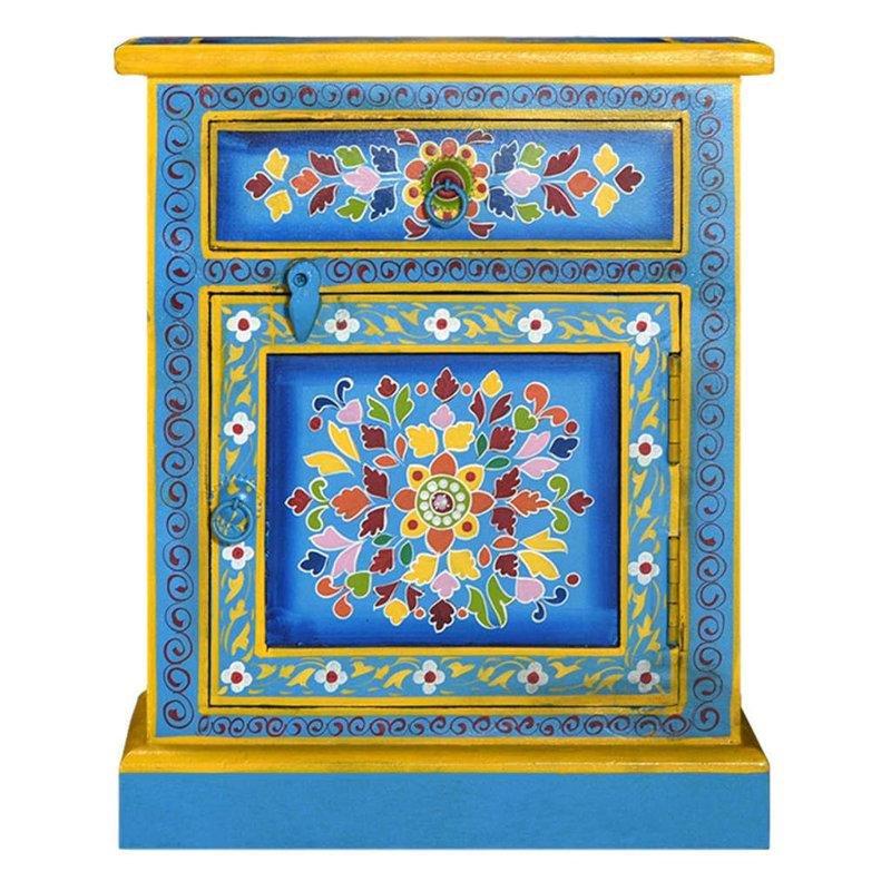 Pembe Tabanlı Masif Mango Ağacı El Boyaması Renkli Komodin - 40x30x51 cm - 128080