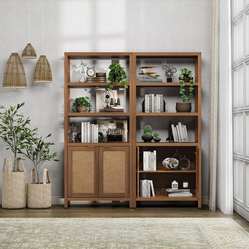 Rattan Detaylı Endüstriyel Ahşap 2 Kapaklı 5 Raflı Kitaplık - 181x78 cm - 141955
