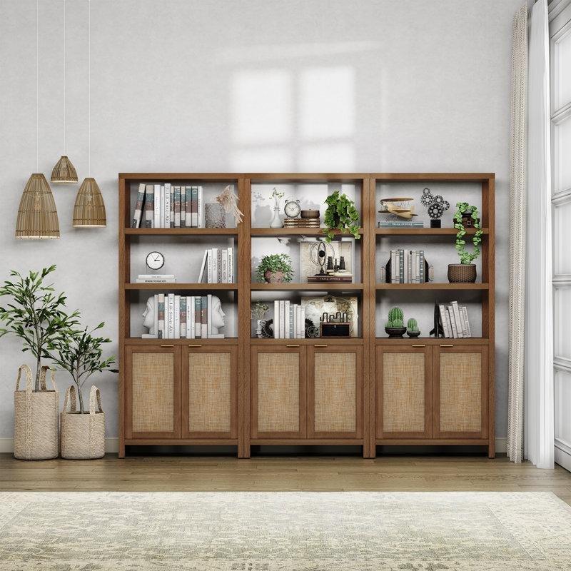 Rattan Detaylı Endüstriyel Ahşap 2 Kapaklı 5 Raflı Kitaplık - 181x78 cm - 141955