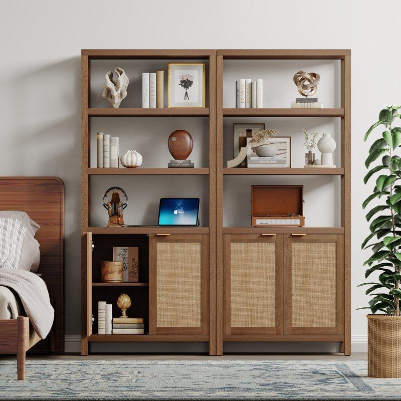 Rattan Detaylı Endüstriyel Ahşap 2 Kapaklı 5 Raflı Kitaplık - 181x78x36 cm - 141322