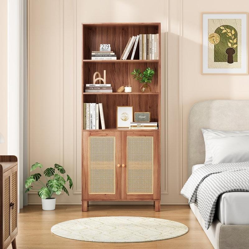 Rattan Detaylı Endüstriyel Ahşap 5 Raflı Kapaklı Kitaplık - 76x38x181 cm - 141328