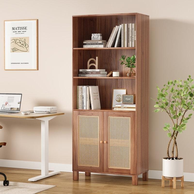 Rattan Detaylı Endüstriyel Ahşap 5 Raflı Kapaklı Kitaplık - 76x38x181 cm - 141328