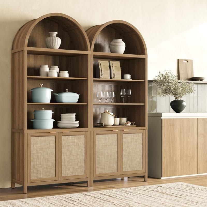 Rattan Detaylı Endüstriyel Ahşap Kemerli Dolaplı Kitaplık - 91x214 cm - 141349