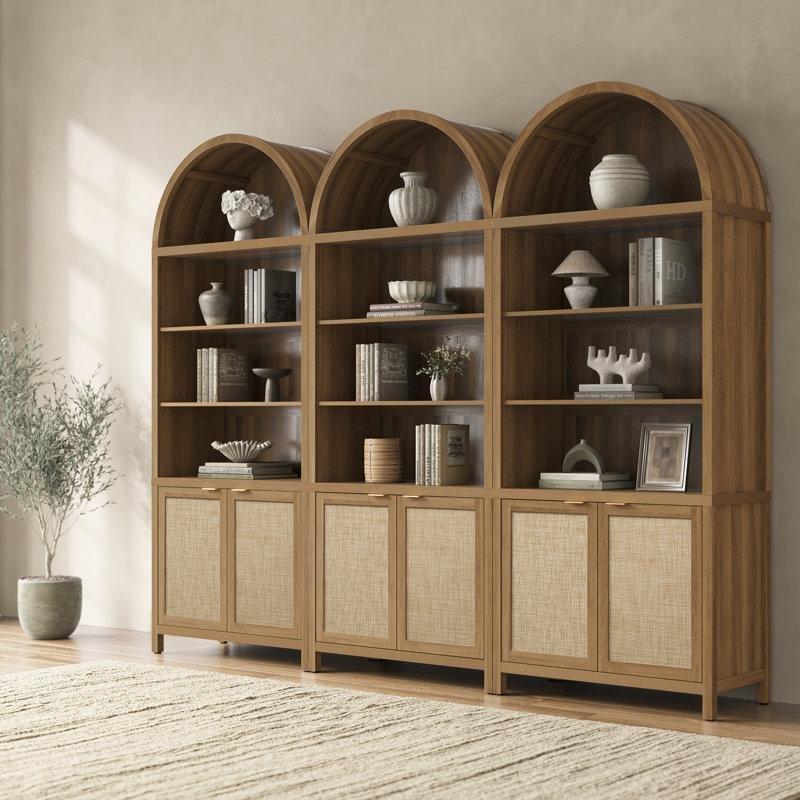 Rattan Detaylı Endüstriyel Ahşap Kemerli Dolaplı Kitaplık - 91x214 cm - 141349