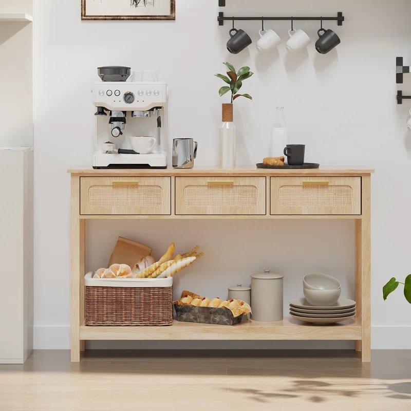 Rattan ve Endüstriyel Ahşap 3 Çekmeceli Raflı Bohem Dresuar - 131 cm - 131536