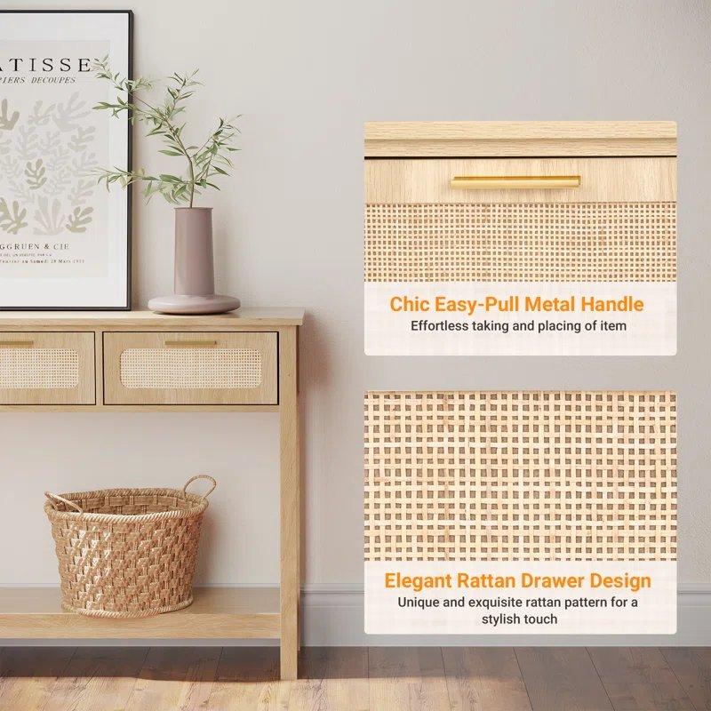 Rattan ve Endüstriyel Ahşap 3 Çekmeceli Raflı Bohem Dresuar - 131 cm - 131536