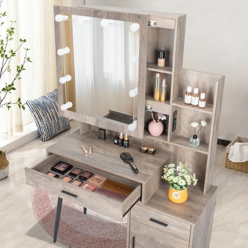 Rustik Kahve Endüstriyel Ahşap Işıklı Ve USB Girişli Tabureli Makyaj Masası - 112x160 cm - 121486
