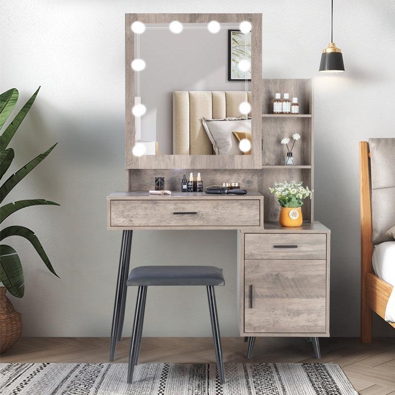 Rustik Kahve Endüstriyel Ahşap Işıklı Ve USB Girişli Tabureli Makyaj Masası - 112x160 cm - 121486
