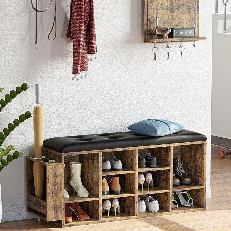 Rustik Kahve Endüstriyel Ahşap Minderli ve Şemsiyelikli Ayakkabılık Bench - 100x30x51 cm - 120622
