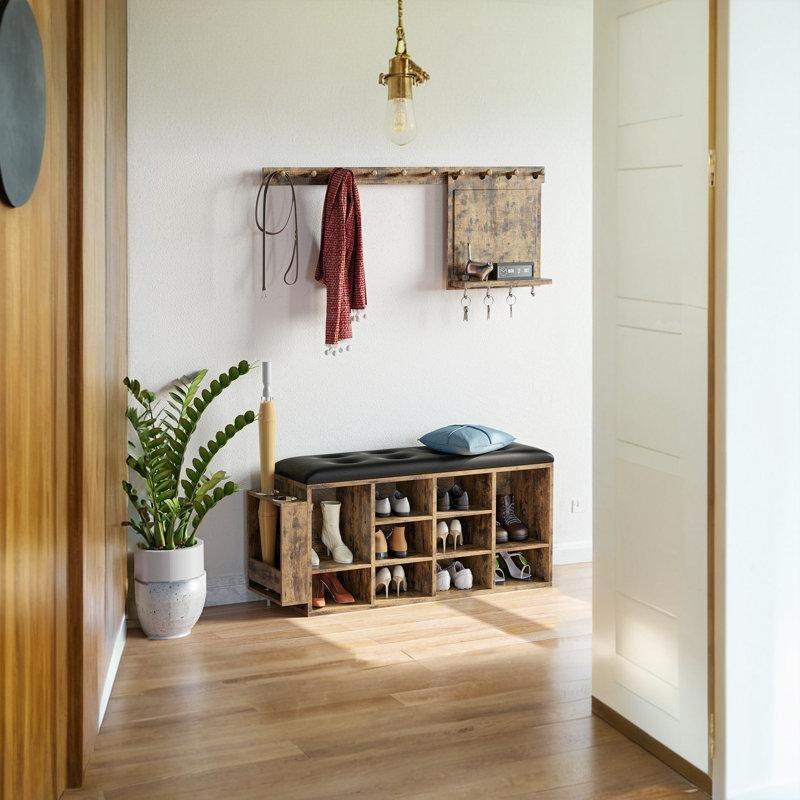 Rustik Kahve Endüstriyel Ahşap Minderli ve Şemsiyelikli Ayakkabılık Bench - 100x30x51 cm - 120622