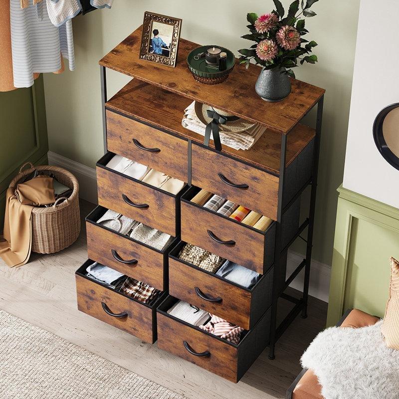 Rustik Kahve Metal İskeletli 8 Çekmeceli ve Açık Raflı Şifonyer - 80x30x117 cm - 122962