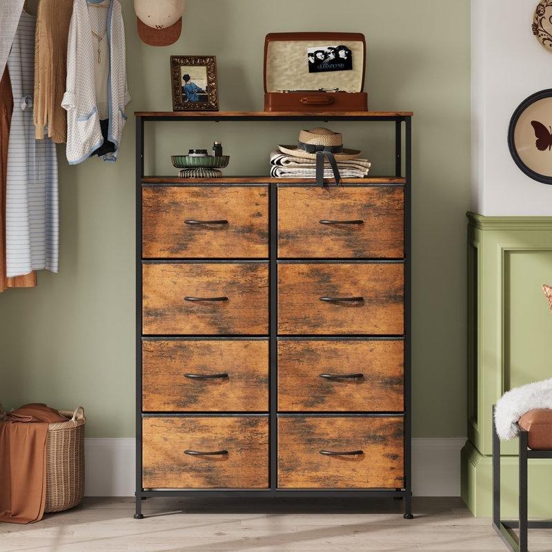 Rustik Kahve Metal İskeletli 8 Çekmeceli ve Açık Raflı Şifonyer - 80x30x117 cm - 122962