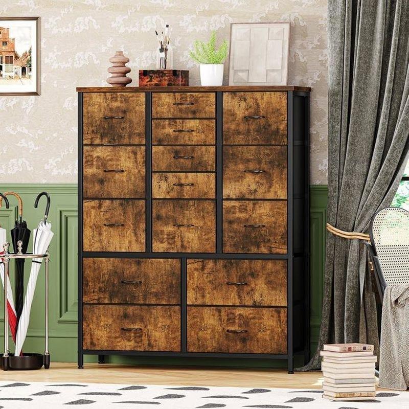 Rustik Kahve Metal İskeletli Kumaş 15 Çekmeceli Şifonyer - 100x30x123 cm - 123705