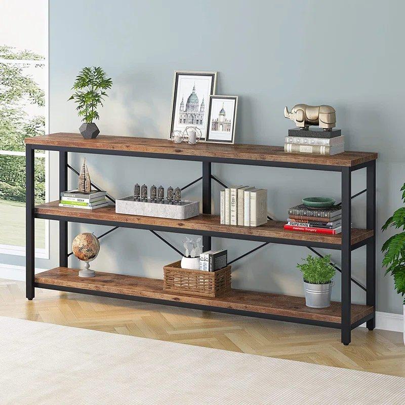 Rustik Kahve Metal ve Ahşap 3 Raflı X Destekli Dresuar - 180x30 cm - 133015