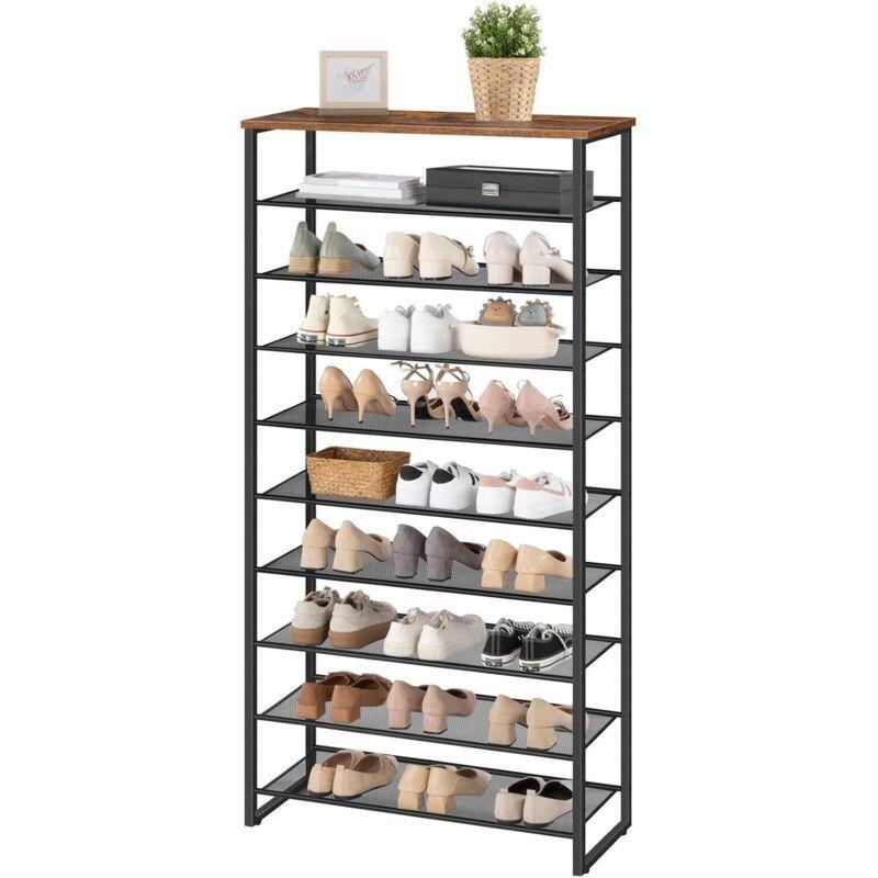 Rustik Kahve Siyah Metal ve Ahşap Detaylı 10 Katlı Geniş Ayakkabılık - 75x29x159 cm - 120380