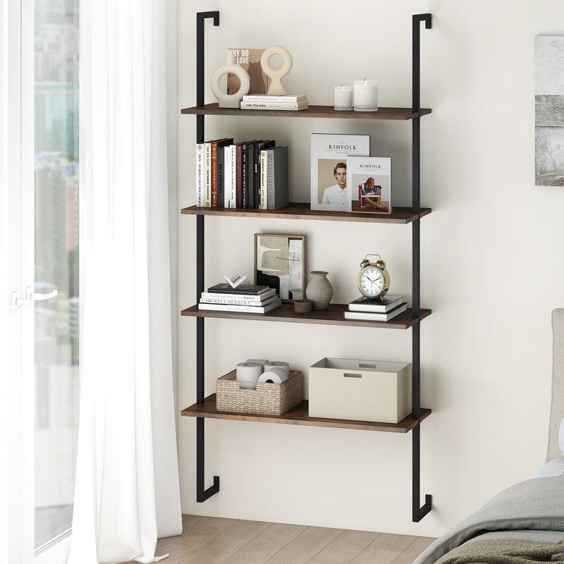 Rustik Kahve Siyah Metal ve Endüstriyel Ahşap 4 Raflı Duvara Monte Kitaplık - 77x31x163 cm - 141724