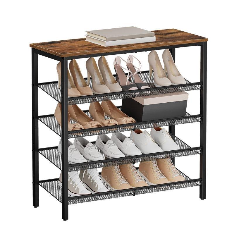 Rustik Kahve ve Siyah Metal Ahşap 5 Katlı Ayarlanabilir Raflı Ferforje Ayakkabılık - 75x30x81 cm - 121117