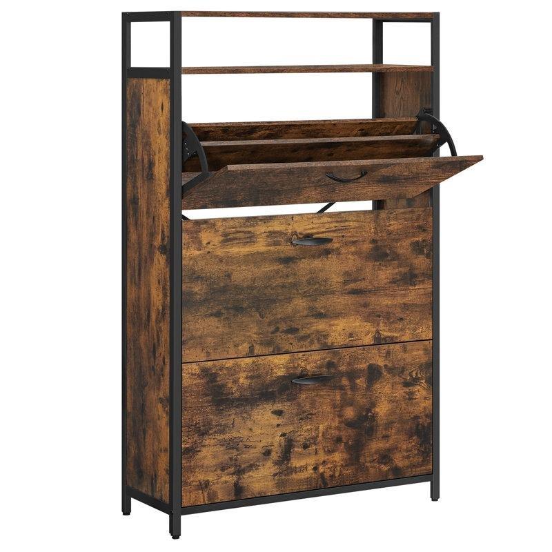 Rustik Kahve ve Siyah Metal Destekli Endüstriyel Ahşap 3 Düşer Kapaklı Açık Raflı Ayakkabılık - 131x81x30 cm - 120691