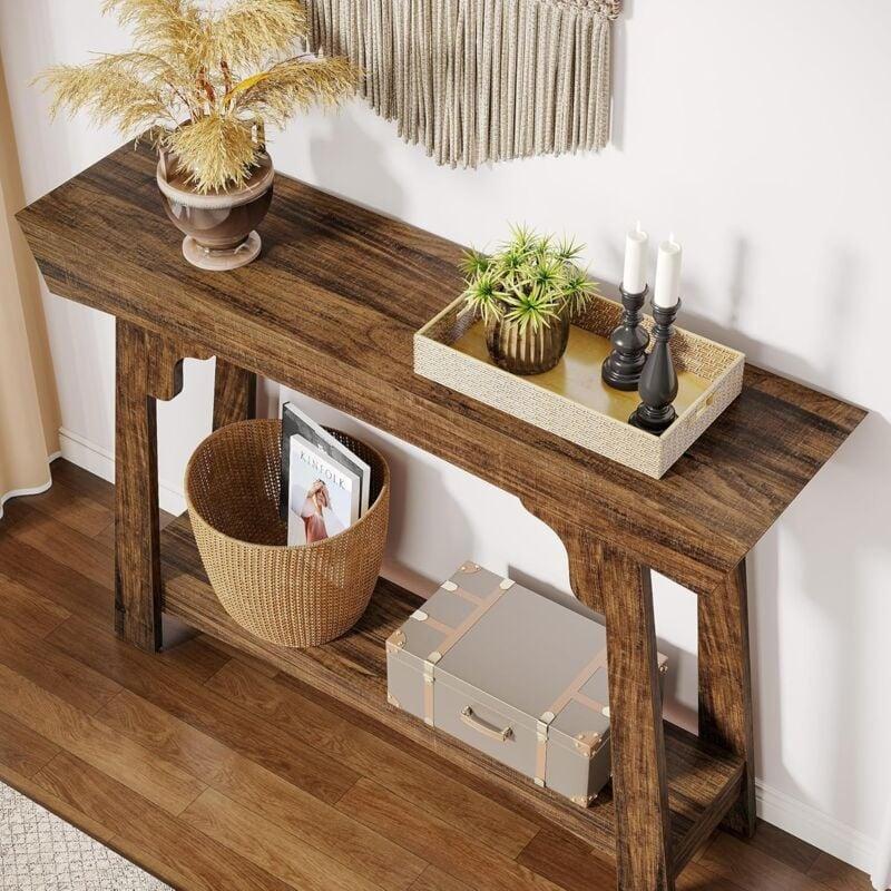 Rustik Kahverengi Ahşap 2 Raflı Ayarlanabilir Ayaklı Dresuar - 105x30x85 cm - 133886