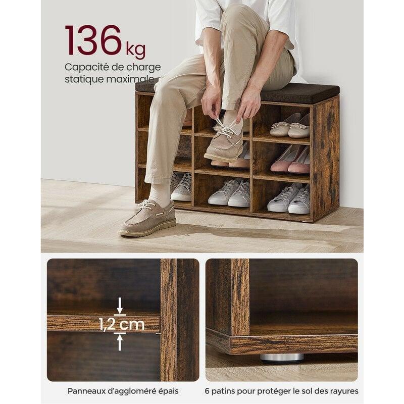 Rustik Kahverengi Ahşap 9 Bölmeli Ayarlanabilir Raflı Minderli Ayakkabılık - 79x31x48 cm - 120464
