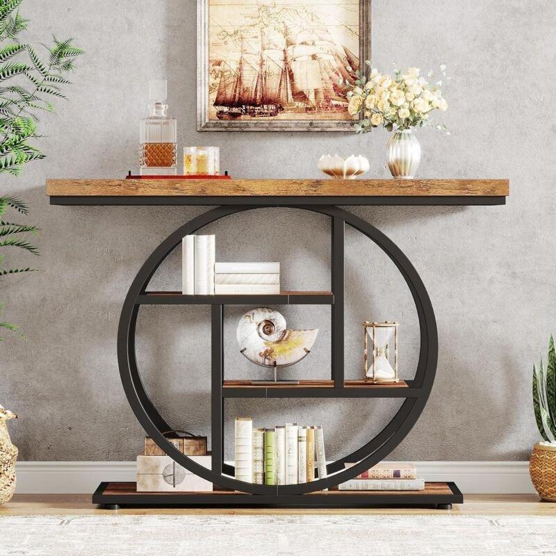 Rustik Kahverengi Ahşap ve Metal 4 Raflı Yuvarlak Tasarım Dresuar - 105x30x80 cm - 134111