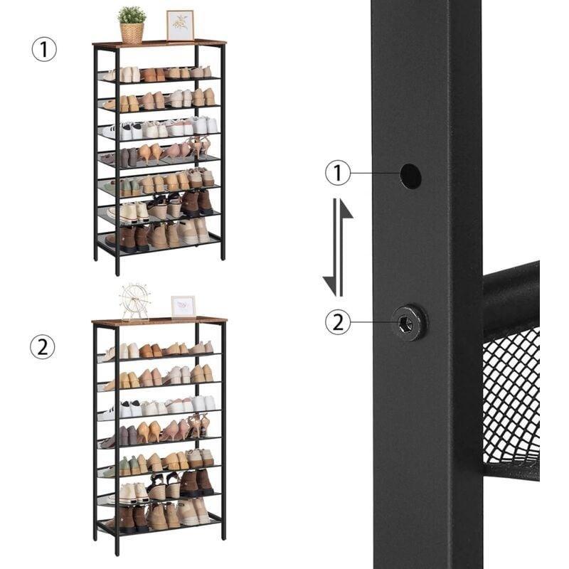 Rustik Kahverengi Ahşap ve Metal 8 Katlı Ayarlanabilir Izgara Raflı Ayakkabılık - 75x30x137 cm - 120404