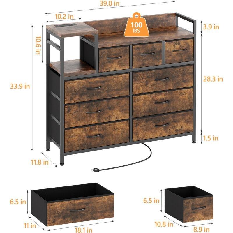 Rustik Kahverengi Ahşap ve Metal Şarj İstasyonlu 9 Çekmeceli Şifonyer - 100x30x86 cm - 123246