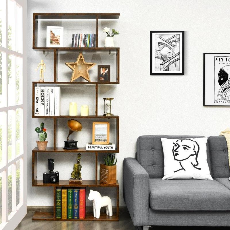 Rustik Kahverengi Endüstriyel Ahşap 6 Raflı Geometrik S Tasarım Kitaplık - 191x80x23 cm - 142120