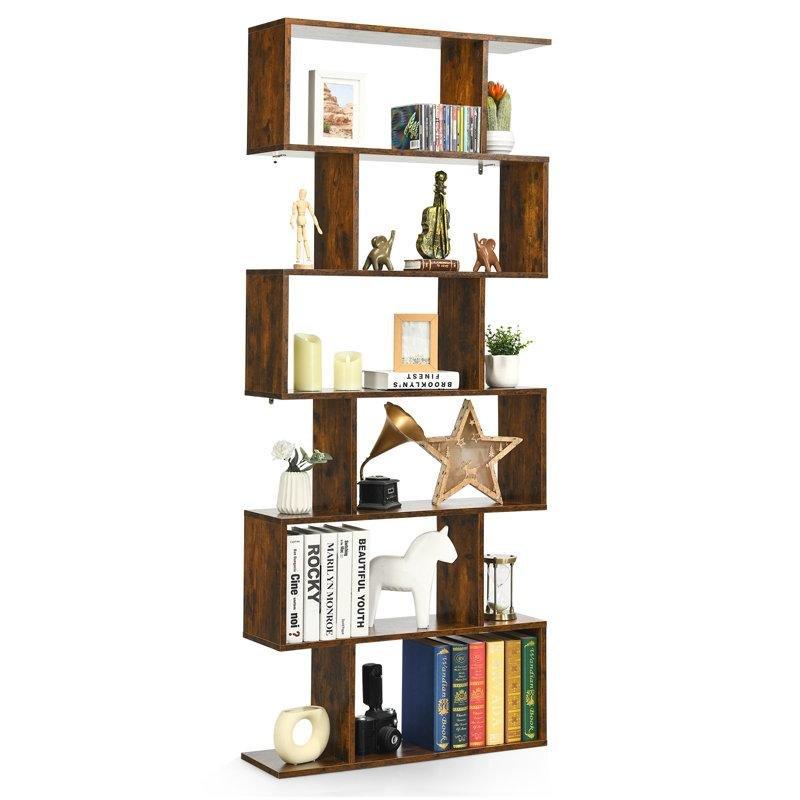 Rustik Kahverengi Endüstriyel Ahşap 6 Raflı Geometrik S Tasarım Kitaplık - 191x80x23 cm - 142120