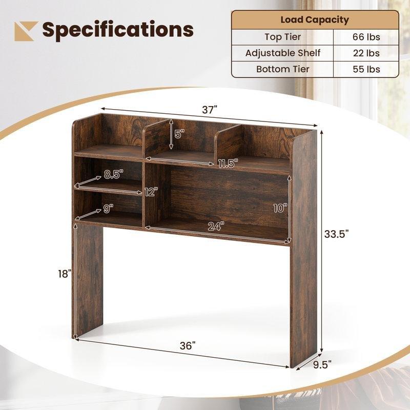 Rustik Kahverengi Endüstriyel Ahşap Ayarlanabilir Raflı Monitör Bölmeli Masaüstü Kitaplık - 94x25x86 cm - 141463