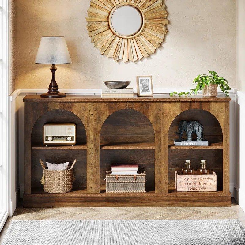 Rustik Kahverengi Endüstriyel Ahşap Kemerli ve Raflı Dresuar - 160x30x80 cm - 132894