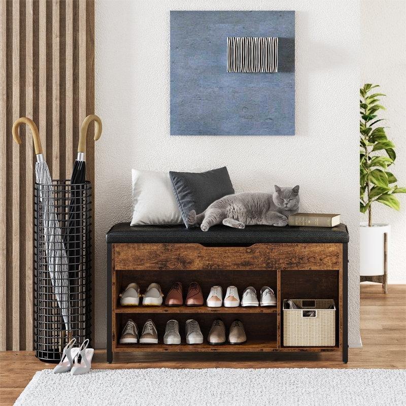 Rustik Kahverengi Metal Ahşap Gizli Bölmeli Minderli Ayakkabılık Bench - 90 cm - 120544
