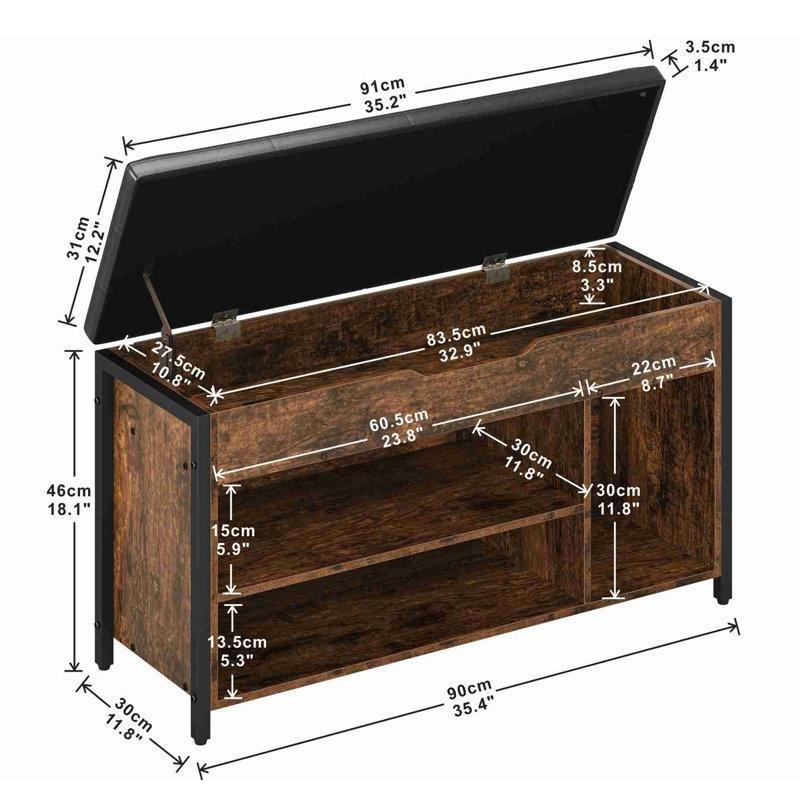 Rustik Kahverengi Metal Ahşap Gizli Bölmeli Minderli Ayakkabılık Bench - 90 cm - 120544