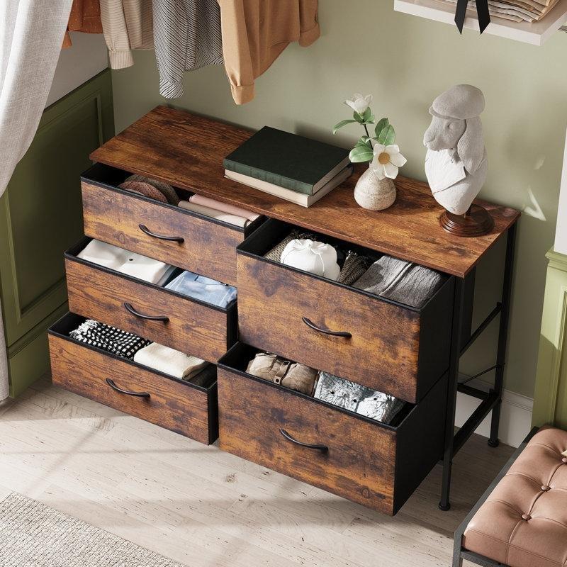 Rustik Kahverengi Metal İskeletli Ahşap Üst Tablalı 5 Çekmeceli Şifonyer - 101x30x69 cm - 122584