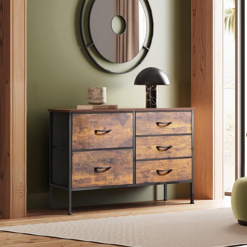 Rustik Kahverengi Metal İskeletli Ahşap Üst Tablalı 5 Çekmeceli Şifonyer - 101x30x69 cm - 122584