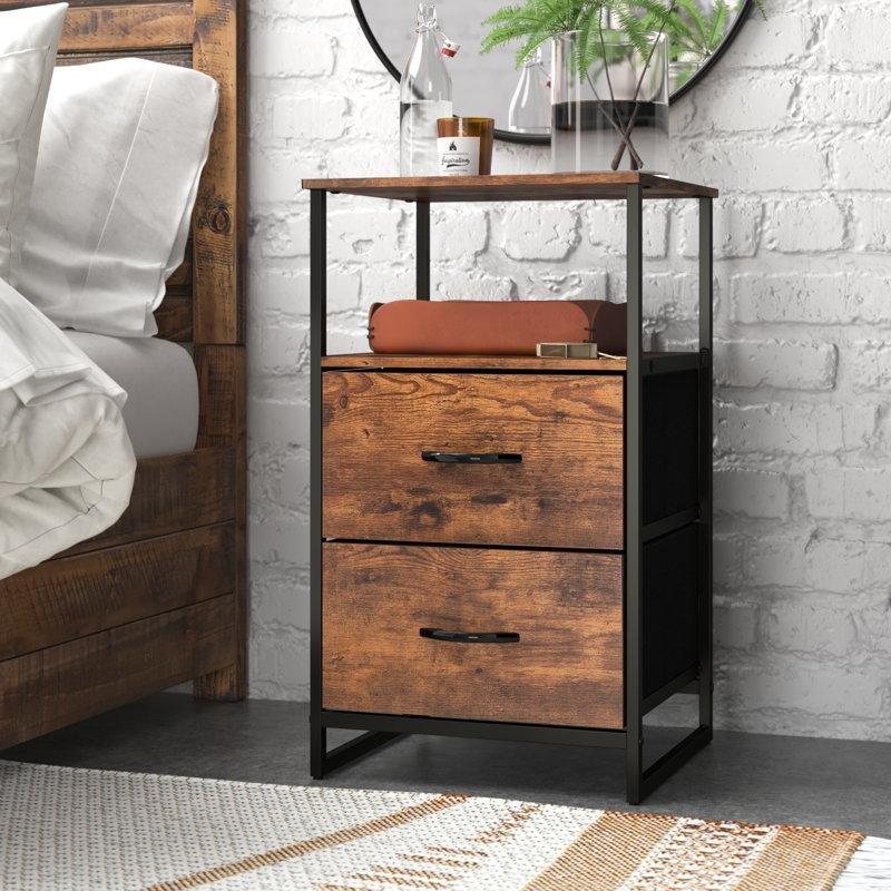 Rustik Kahverengi Metal ve Ahşap 2 Çekmeceli Endüstriyel Komodin - 46x41x72 cm - 127190