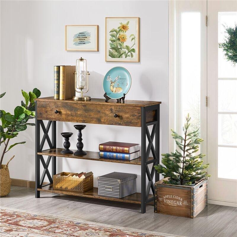 Rustik Kahverengi Metal ve Ahşap 3 Katlı Çekmeceli Raflı Dresuar - 100x30x80 cm - 133809