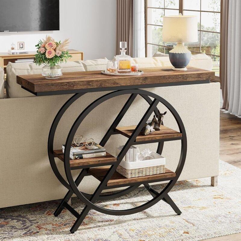 Rustik Kahverengi Metal ve Ahşap 3 Katlı Geometrik Dresuar - 100x100x81 cm - 134100