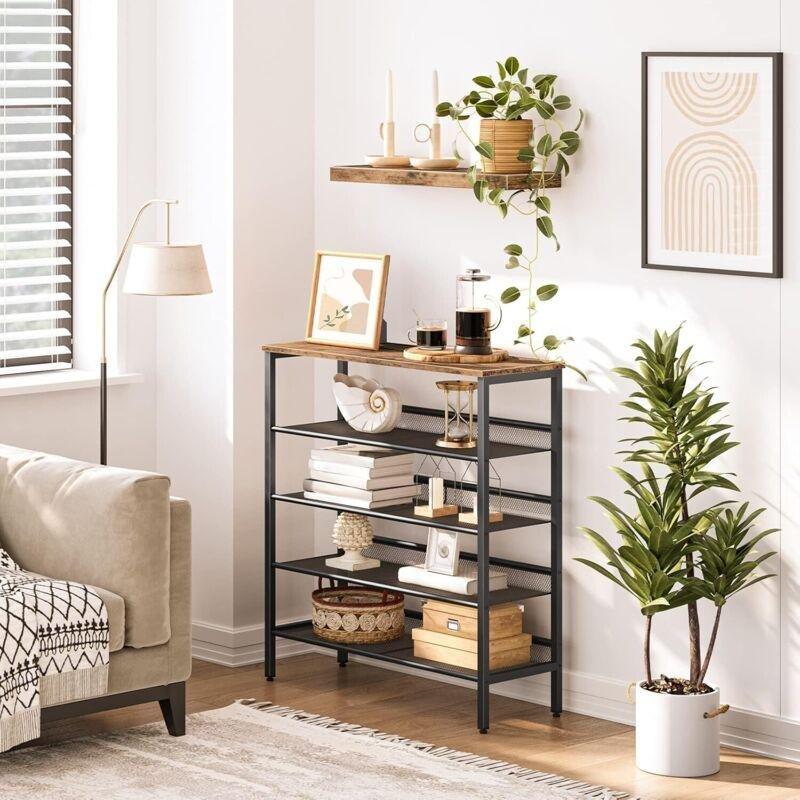 Rustik Kahverengi Metal ve Ahşap 5 Katlı Ayarlanabilir Raflı Ayakkabılık - 75x30x85 cm - 119748