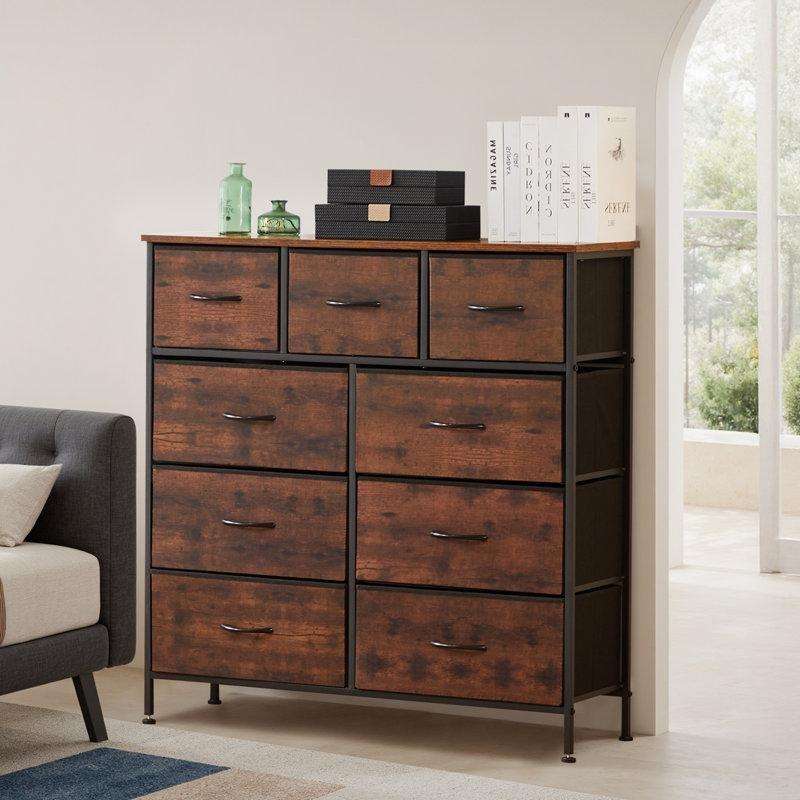 Rustik Kahverengi Metal ve Ahşap 9 Çekmeceli Şifonyer - 100x100x30 cm - 122629