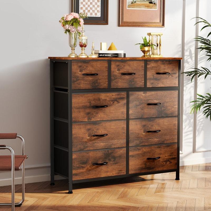 Rustik Kahverengi Metal ve Ahşap 9 Çekmeceli Şifonyer - 100x100x30 cm - 122629