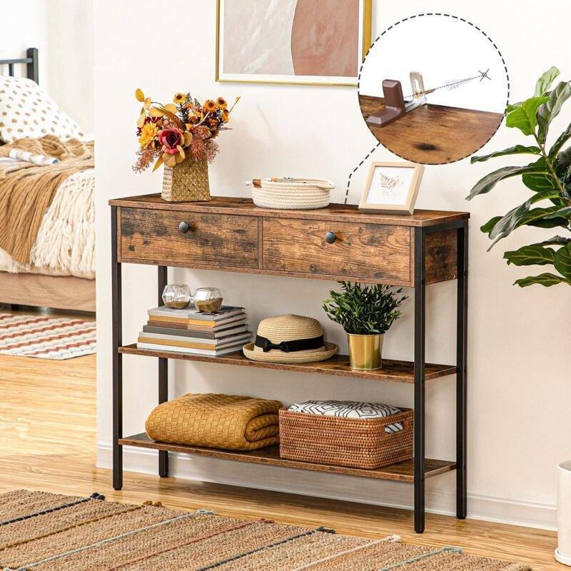 Rustik Kahverengi Metal ve Endüstriyel Ahşap 2 Çekmeceli Raflı Dresuar - 100x24x80 cm - 133985
