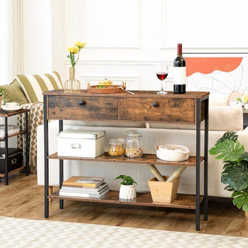 Rustik Kahverengi Metal ve Endüstriyel Ahşap 2 Çekmeceli Raflı Dresuar - 100x24x80 cm - 133985