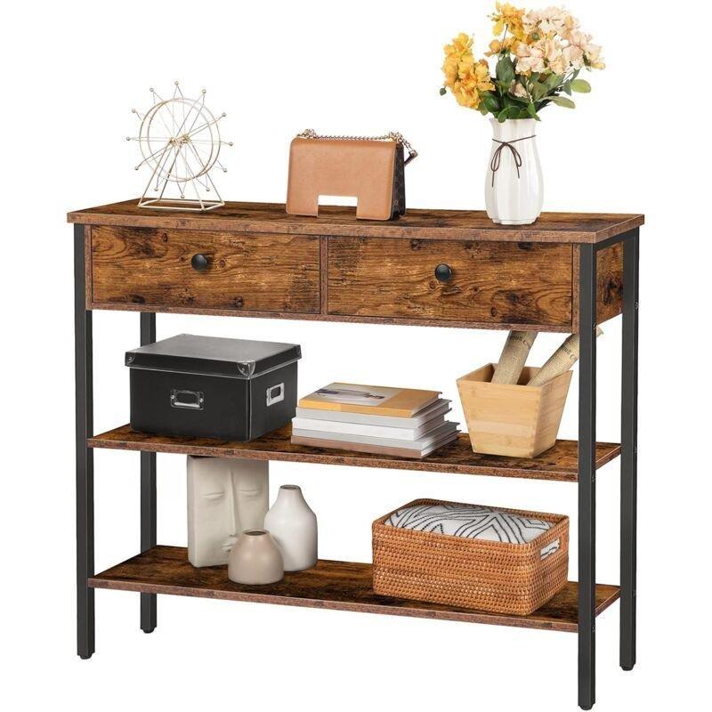 Rustik Kahverengi Metal ve Endüstriyel Ahşap 2 Çekmeceli Raflı Dresuar - 100x24x80 cm - 133985