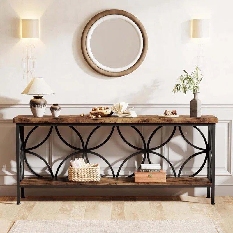 Rustik Kahverengi Metal ve Endüstriyel Ahşap Çift Raflı Dekoratif Yan Panelli Dresuar - 180x30x80 cm - 133084