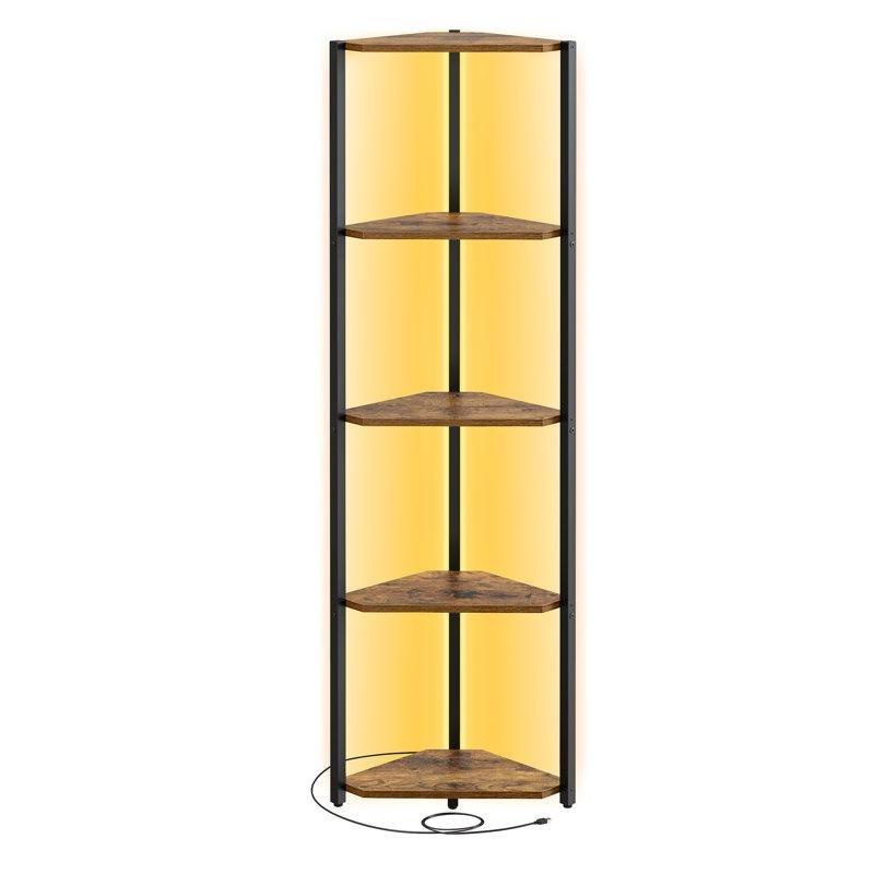 Rustik Kahverengi Metal ve Endüstriyel Ahşap LED Işıklı 5 Raflı Köşe Kitaplık - 147x49x25 cm - 141922