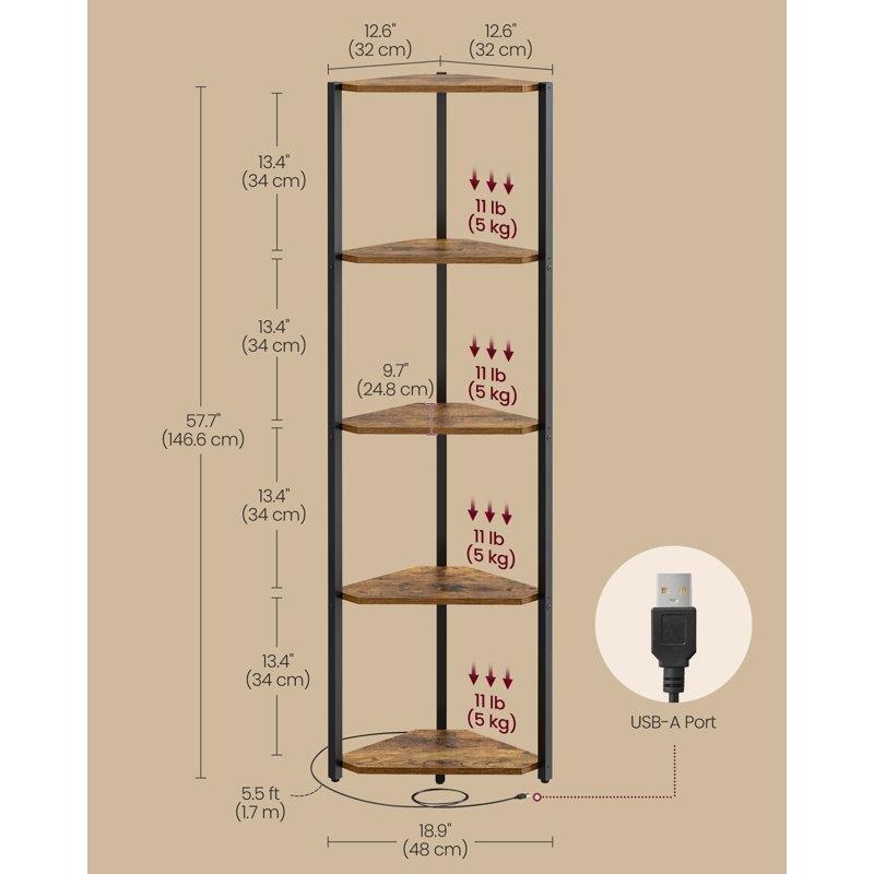 Rustik Kahverengi Metal ve Endüstriyel Ahşap LED Işıklı 5 Raflı Köşe Kitaplık - 147x49x25 cm - 141922