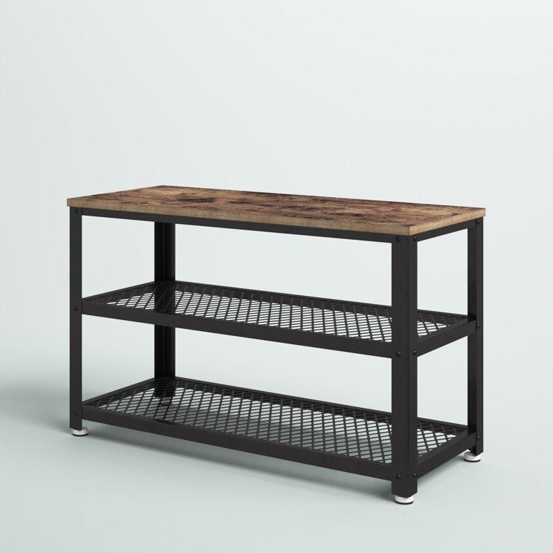 Rustik Kahverengi Metal ve Endüstriyel Ahşap Oturaklı 3 Katlı Ferforje Ayakkabılık - 101x30x45 cm - 121120