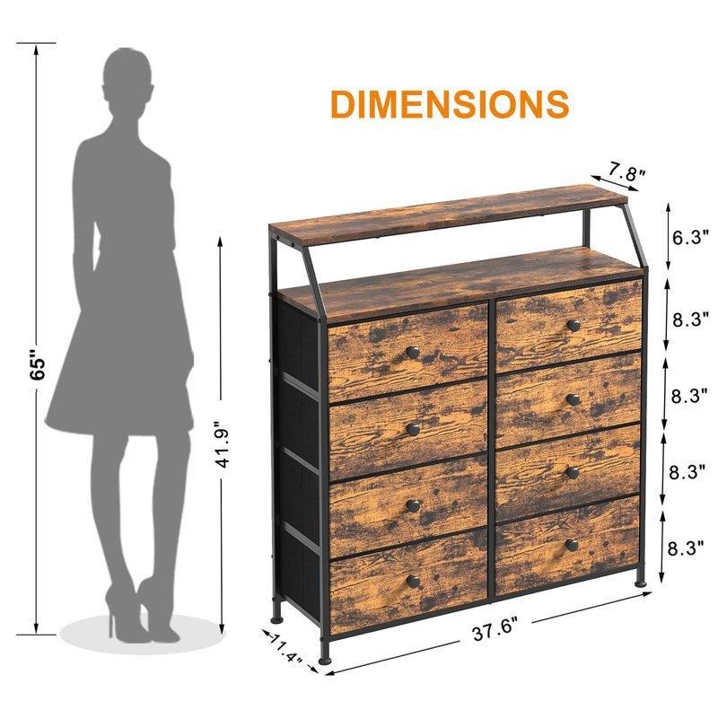 Rustik Kahverengi Metal ve Kumaş 8 Çekmeceli Raflı Şifonyer - 96x107 cm - 122674