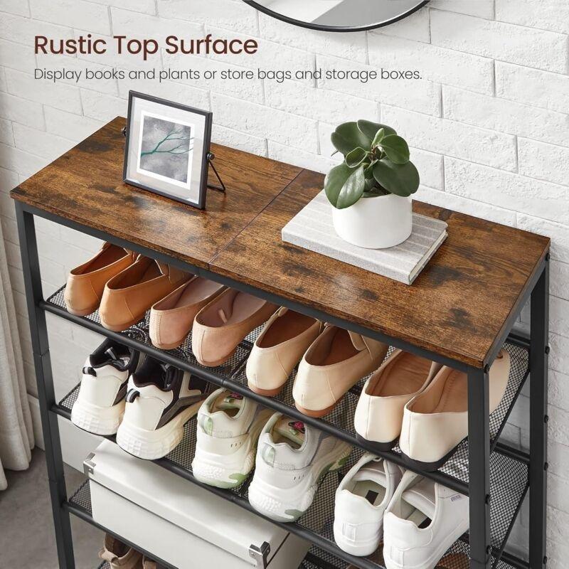 Rustik Kahverengi Siyah Metal Ahşap 5 Katlı Geniş Üst Tablalı Ayakkabılık - 75x28x93 cm - 120482